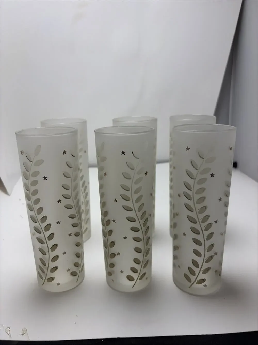 6 Libbey Tom Collins Zombie Frosted Glasses Ferns & Gold Stars 12oz 7x2.5